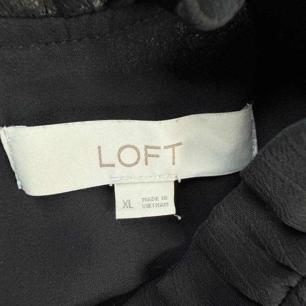 LOFT Blouse Womens XL Black Mock Neck Puff Short Sleeve Chiffon Ruffle Top